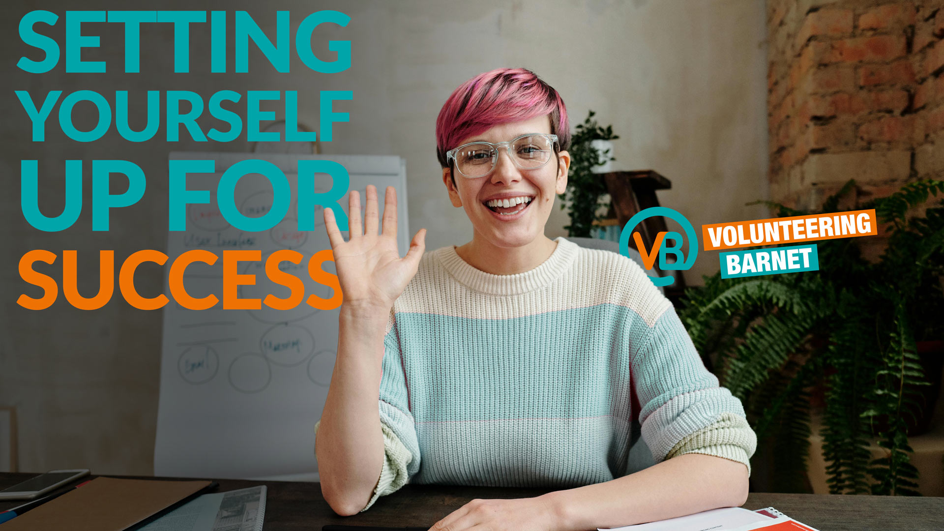 A woman sitting at a desk waving. Superimposed title: Setting Yourself Up for Success